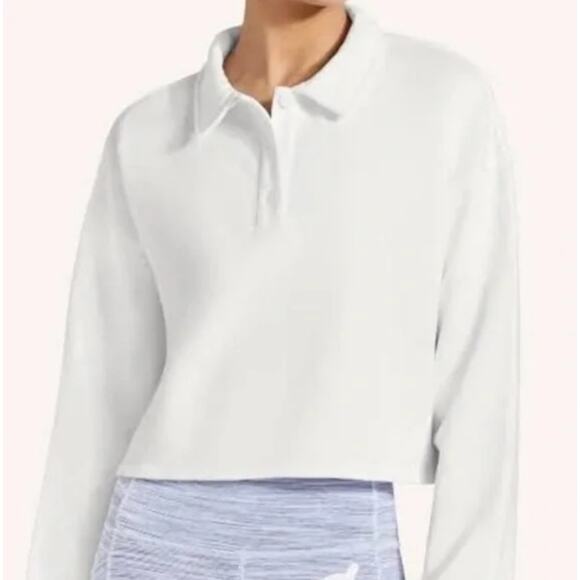 Peloton Gingham Logo Cropped Polo Sweatshirt White Purple L - Picture 2 of 10